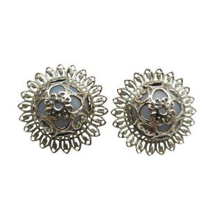 Vintage Floral Clip On Earrings Intricate Silver Tone Filigree Design Blue Under